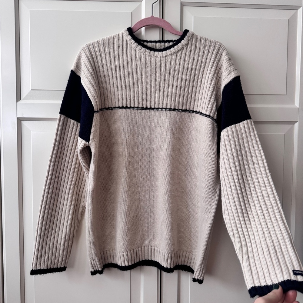 Y2K Point Zero Cream and Navy Knit crew neck Sweater - men’s M